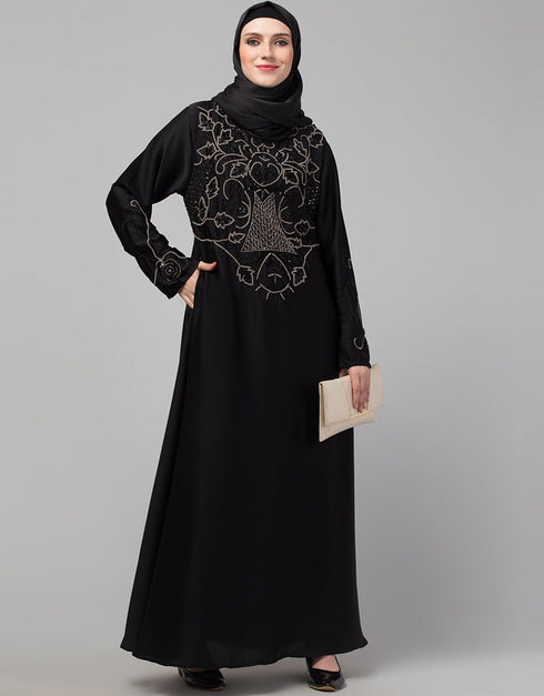 Chic Black Shine Nida Embroidery Abaya Close-up View
